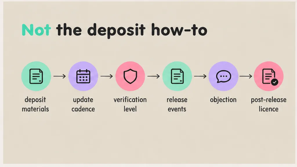 A left-to-right workflow titled Not the deposit how-to, with deposit materials, update cadence, verification level, release events, objection and post-release licence, no face