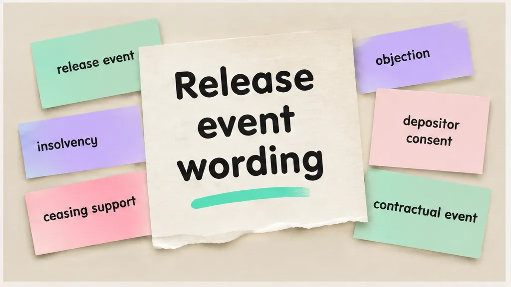 A torn note reading Release event wording, with surrounding labels for insolvency, ceasing support, objection, depositor consent and contractual event, no face