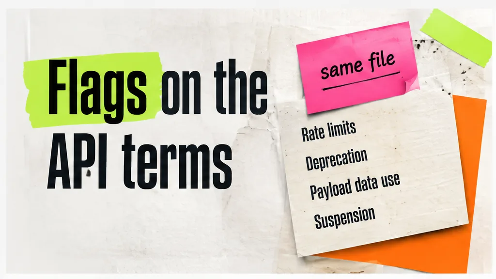 API terms with flags on rate limits, deprecation, payload data use and suspension, no face