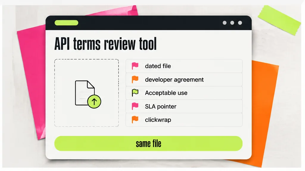 Upload card for a dated developer agreement with flags on acceptable use and the SLA pointer, no face