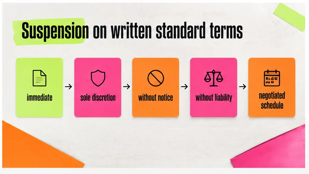 Suspension steps on written standard terms from immediate and sole discretion through without notice and without liability, no face