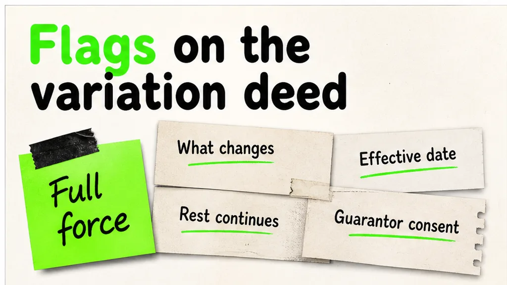 Variation deed with flags on the changed clauses, the effective date, the rest of the contract and guarantor consent