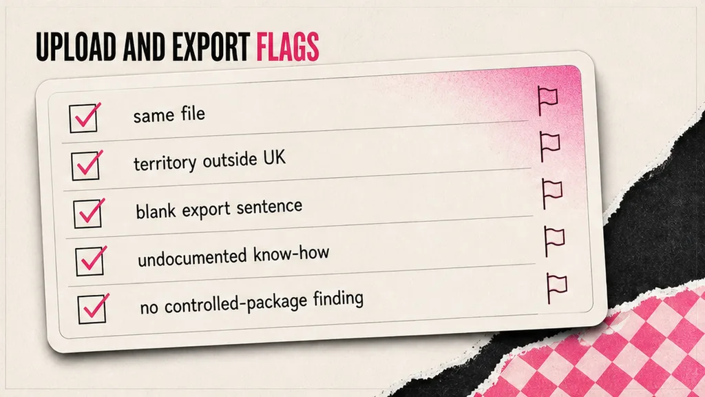 A territory line outside the United Kingdom beside a blank export sentence on a know-how licence