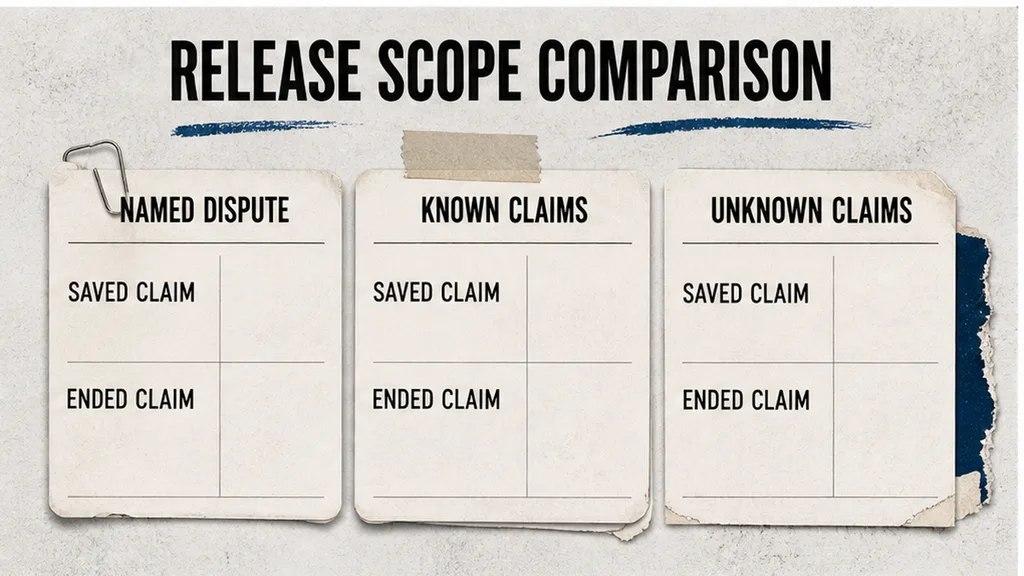 A commercial settlement page with marks on the release line, a saved-claims carve-out, the confidentiality sentence and the payment line
