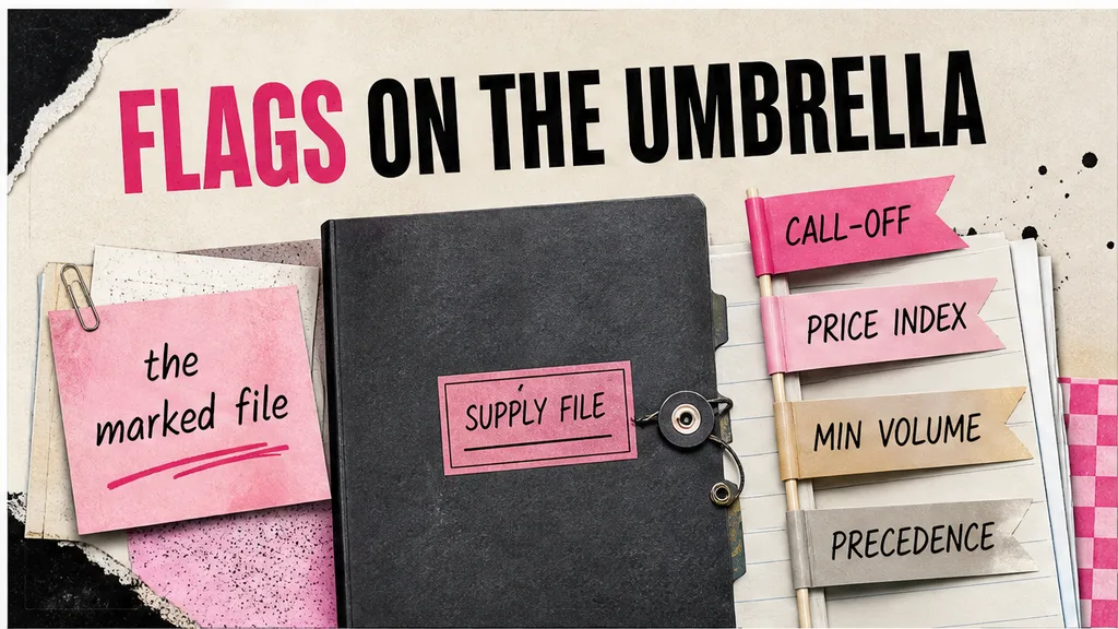 Umbrella supply file with flags on the call-off, the price index, minimum volume and precedence