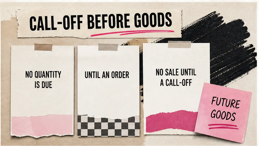 Call-off sentence highlighted on umbrella supply pages beside a blank order line, paper only, no people