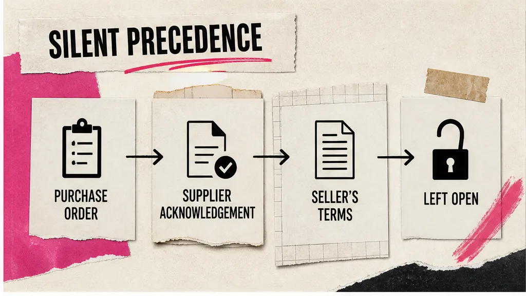 Precedence sentence and a supplier acknowledgement page on a framework supply file, paper only, no people