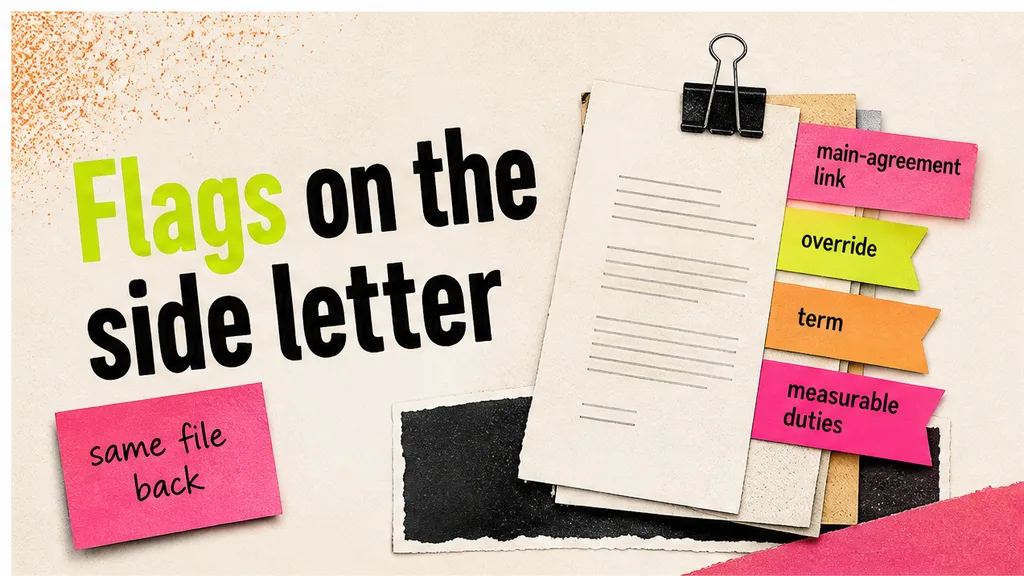 Commercial side letter with flags on the main-agreement link, override, term and measurable duties