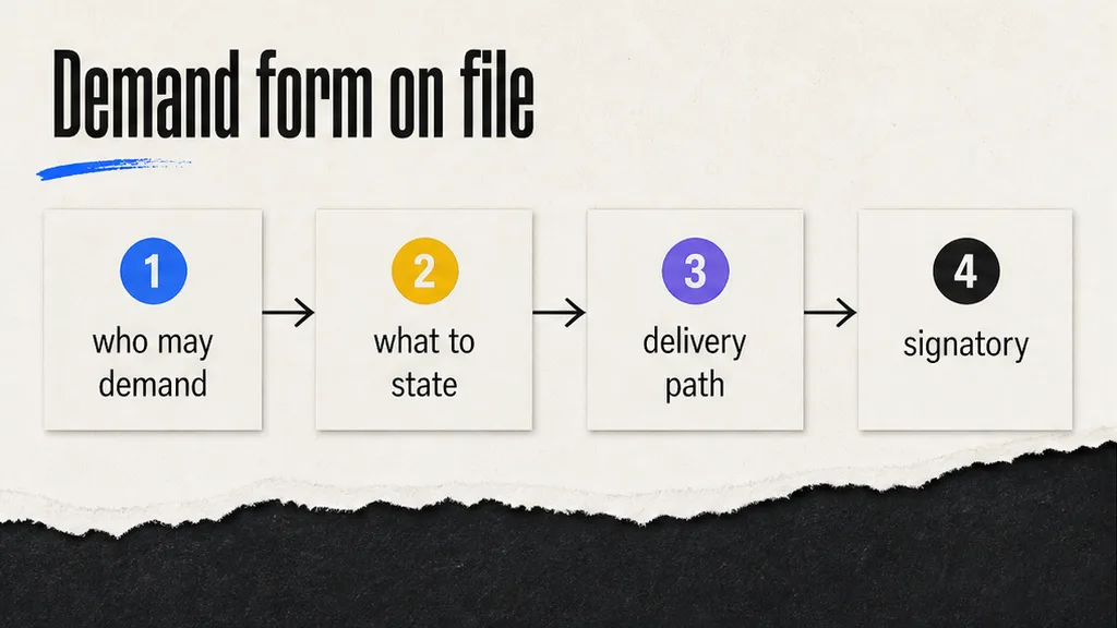 Demand formalities marked on who may demand, what to state and delivery path