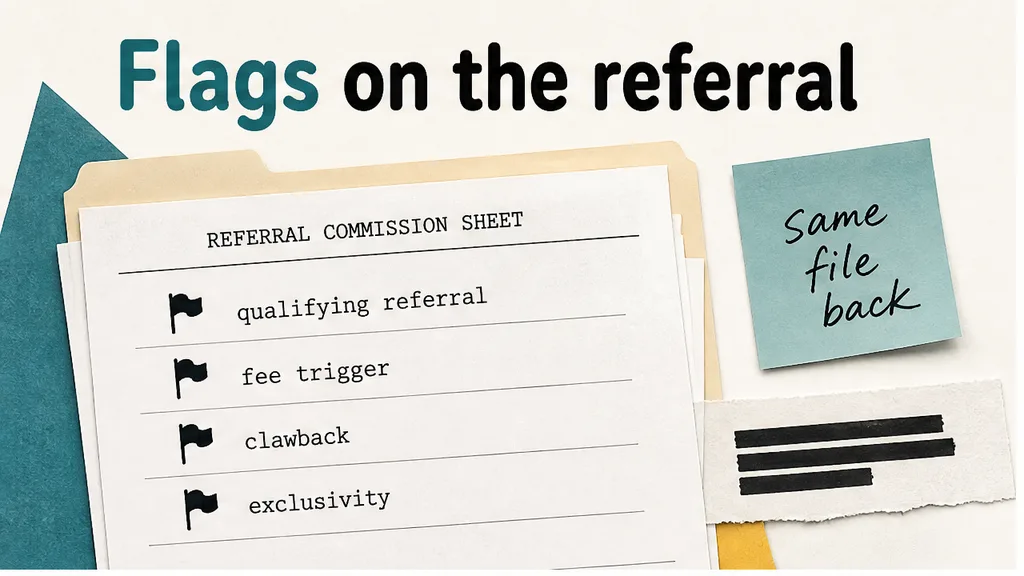 Referral commission draft with flags on qualifying referral, fee trigger, clawback and exclusivity