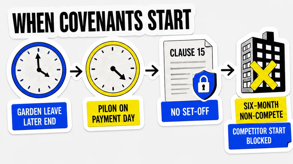 Timeline showing covenant start under garden leave versus PILON