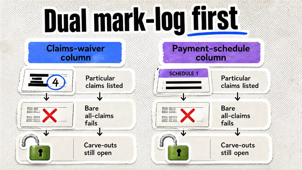 Two-column dual mark-log for claims-waiver and payment-schedule before Slack