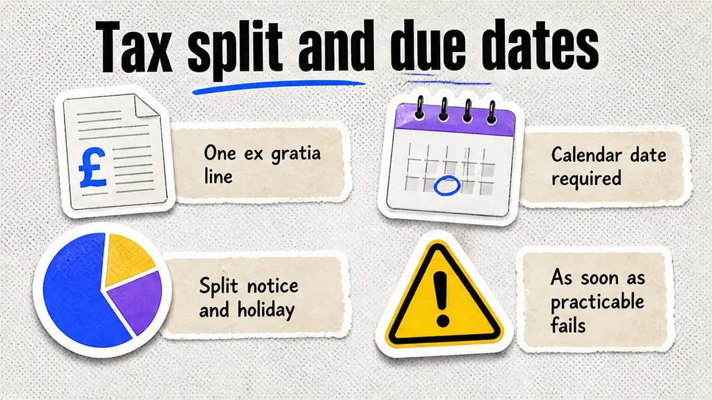 Checklist splitting a single ex gratia line for tax and replacing soft due-date wording