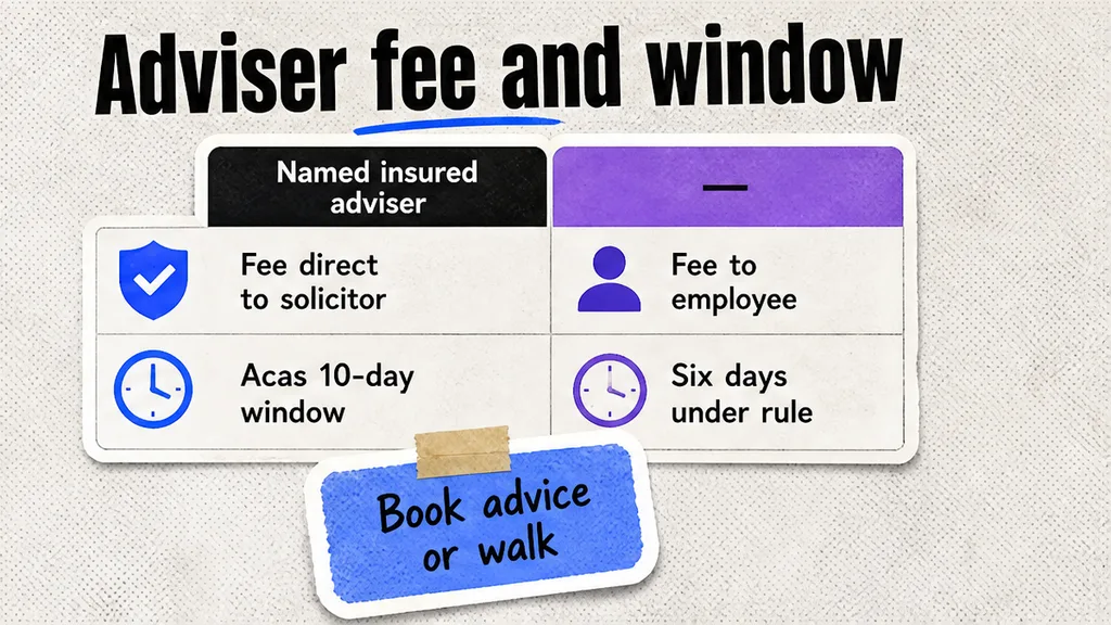 Side-by-side marks for named adviser, fee payee, and Acas consideration window