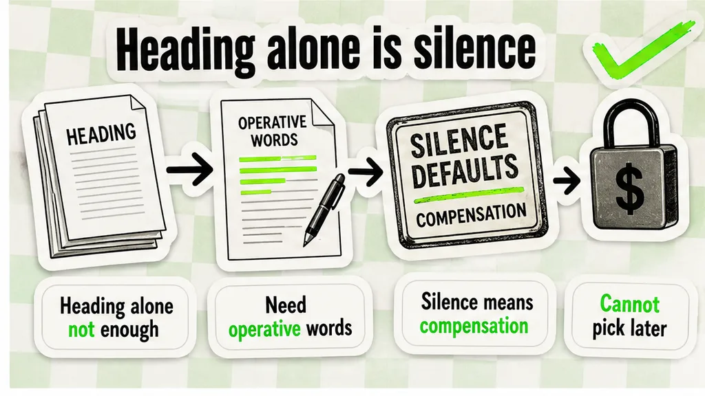 Four-step workflow from clause heading through operative words to silence defaulting to compensation, for the indemnity-heading election section.