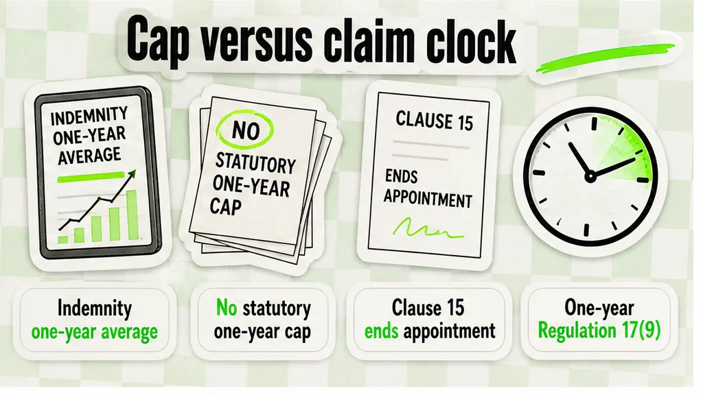 Checklist contrasting indemnity’s one-year average cap with uncapped compensation and separating clause 15 notice from the Regulation 17(9) one-year claim clock.