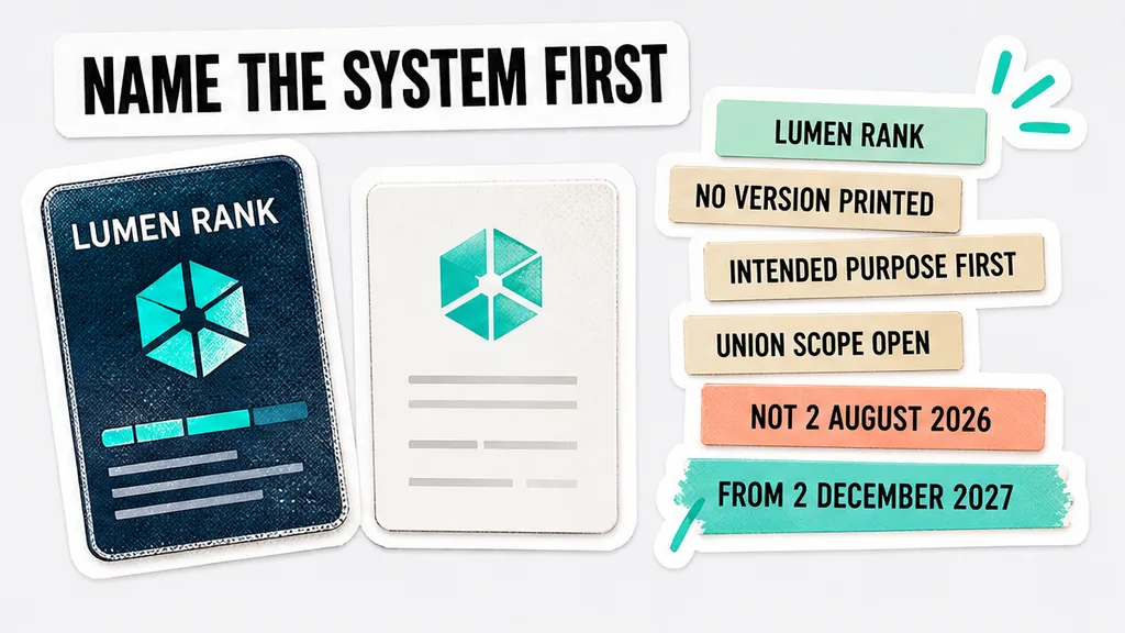 Lumen Rank header with a blank version line, intended purpose written first, Union scope left open, and Annex III dated from 2 December 2027 rather than 2 August 2026.