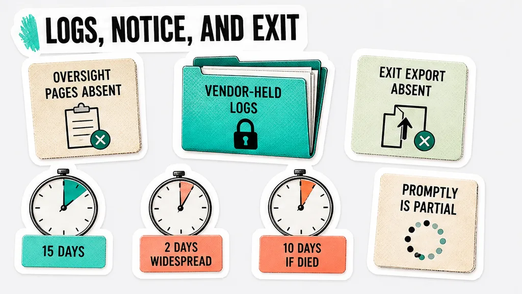 Deployer rows showing missing oversight pages, vendor-held logs against a six-month duty, incident clocks of 15, 2, and 10 days, and an absent exit export.