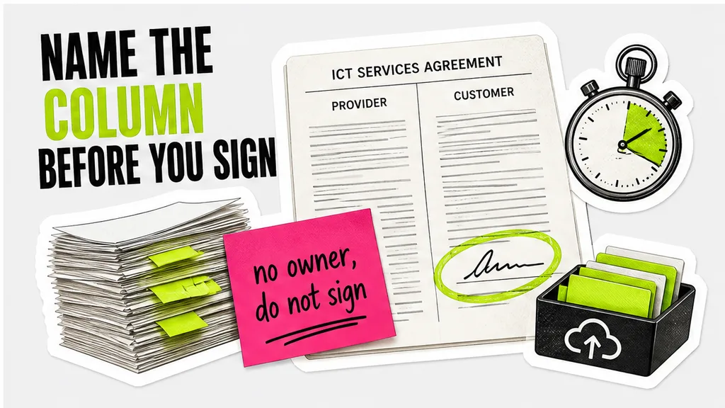 ICT services agreement with provider and customer columns and a circled signature, for the Article 30 check before anyone signs.