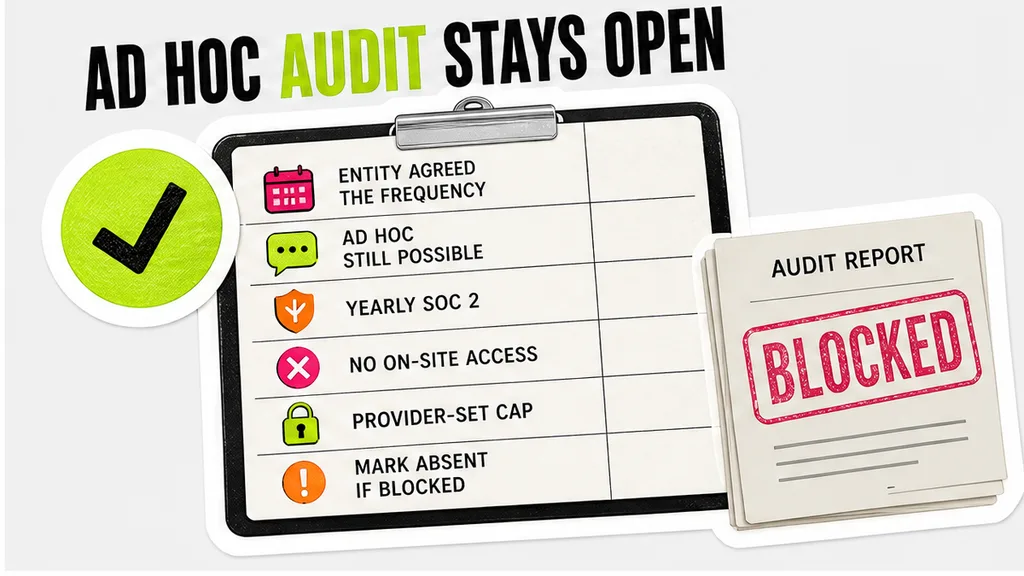 Audit checklist for a critical function, with an agreed frequency, an open ad hoc line, and a yearly report card stamped blocked.