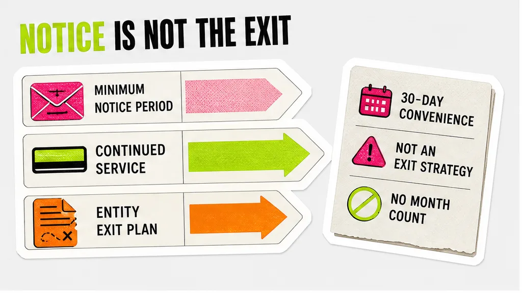 Three exit rows on a contract log: minimum notice, continued service, and the entity exit plan, beside a note that a 30-day convenience is not an exit strategy.