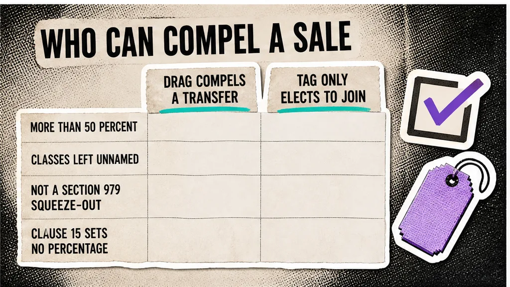 Two columns contrasting a drag that compels a transfer with a tag that only elects, including unnamed classes and the gap from a section 979 squeeze-out.