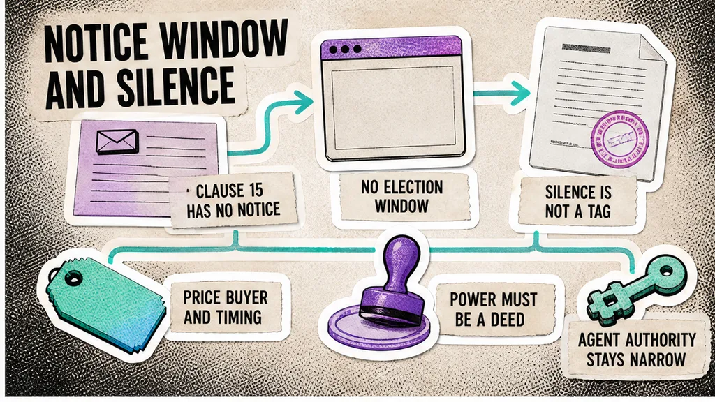 Notice slip, a blank election window, and a narrow deed-power card for the section on silence and who may sign a tag-along.