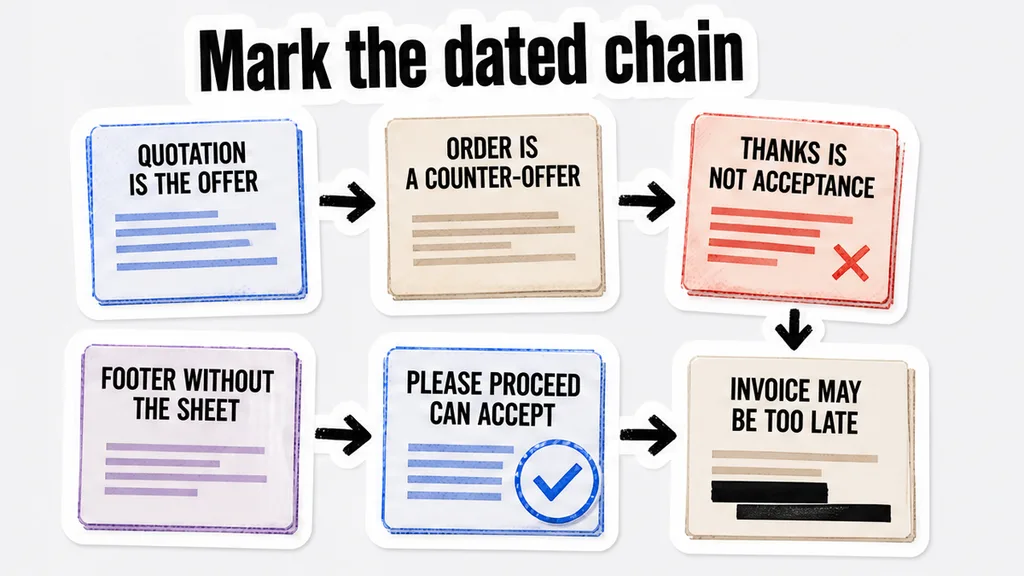 Six dated marks from the quotation as the offer through an invoice that may be too late, for the section on marking each message as offer, counter-offer, or acceptance.
