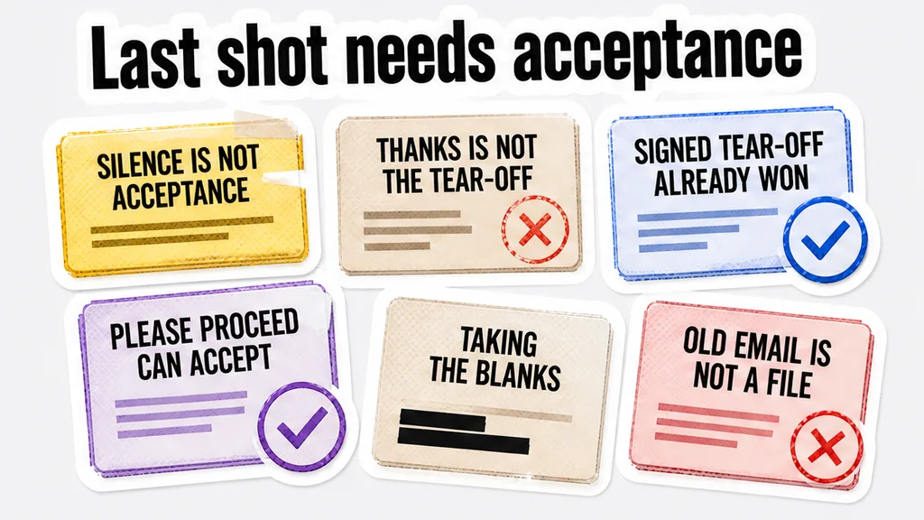 Acceptance tests showing silence and a bare thanks are not a signed tear-off, while please proceed or taking the blanks can accept, for the last-shot section.