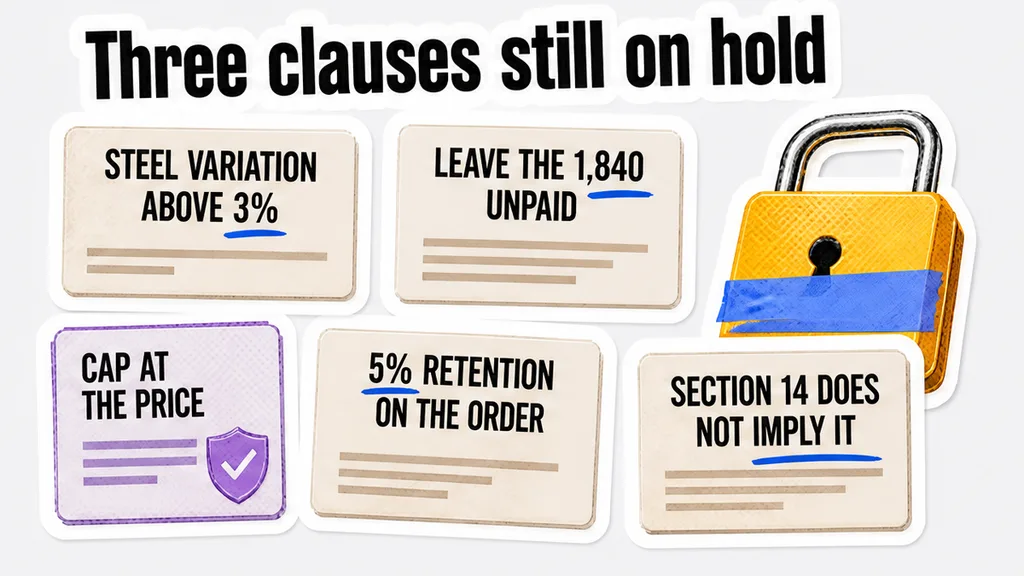 Clause cards holding a steel variation above 3 percent, the unpaid 1,840, a price cap, a 5 percent retention, and the point that section 14 does not imply them.