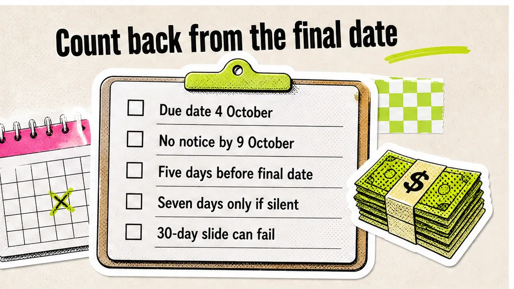 Checklist counting back from the final date, with a 4 October due date, no notice by 9 October, and a 30-day slide that can fail.
