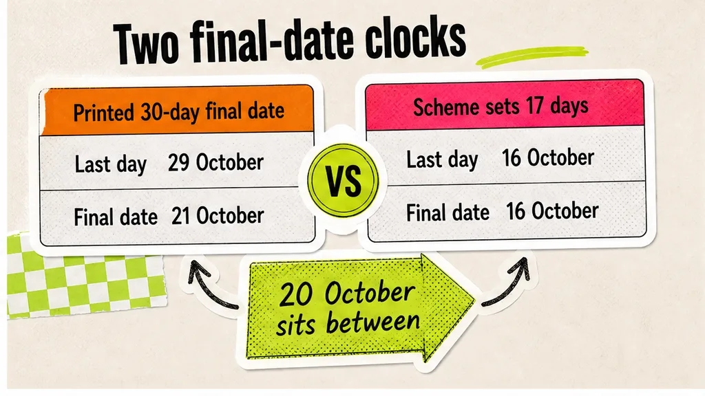 Two final-date clocks side by side, a printed 30-day date and a 17-day Scheme date, with 20 October between the last days.