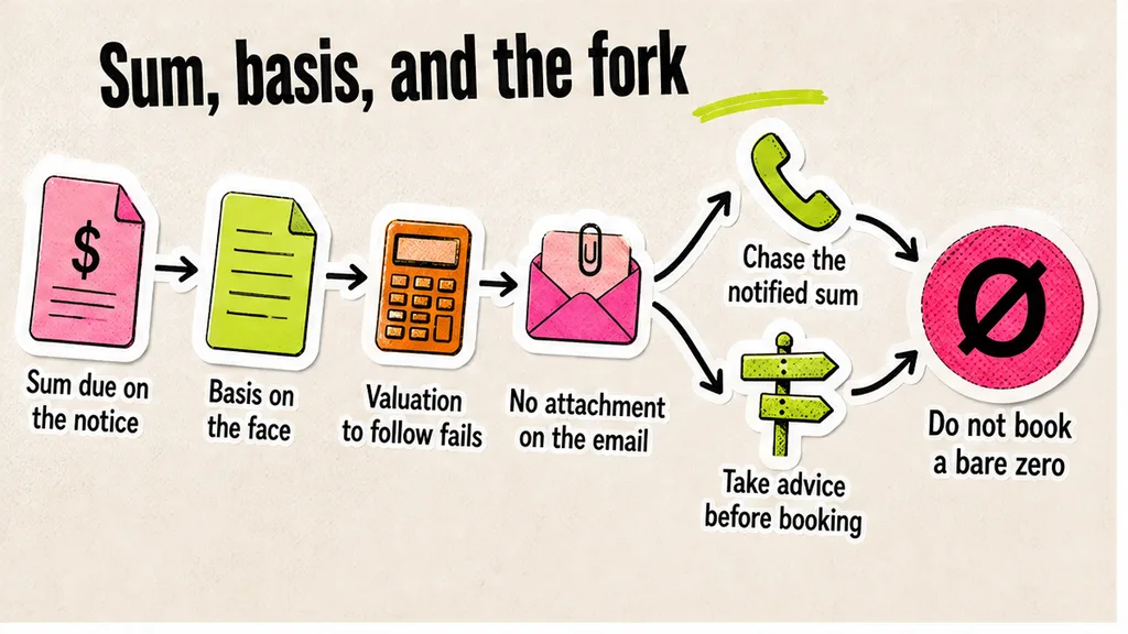 Log of the sum due, a basis on the face of the notice, an email with no attachment, and the fork before booking a bare zero.