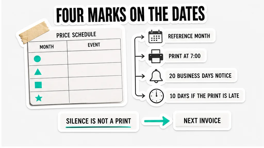 Four date marks on a supply price schedule in the reference-month section, separating the reference month, the print, the notice, and the next invoice.