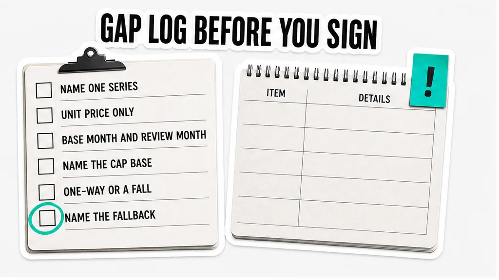 A six-item checklist for the gap log before you sign, with the fallback row circled, beside a blank details notebook.