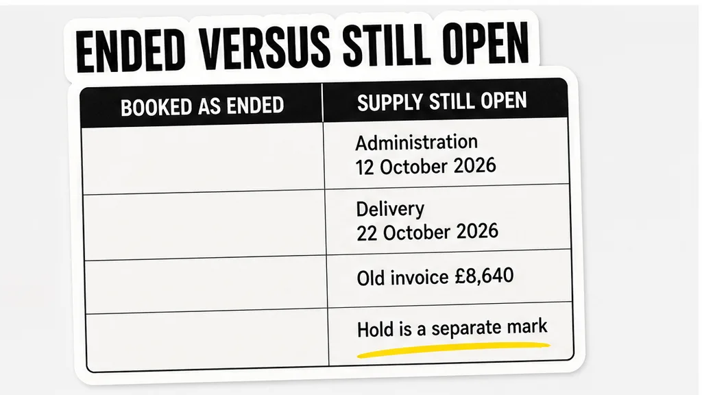 A two-column comparison in the why-test section, separating a contract booked as ended from marks that leave the supply open.