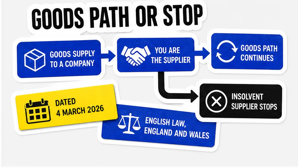 A two-path diagram in the supplier-role section, with the goods-supply path continuing and the insolvent-supplier path stopping.