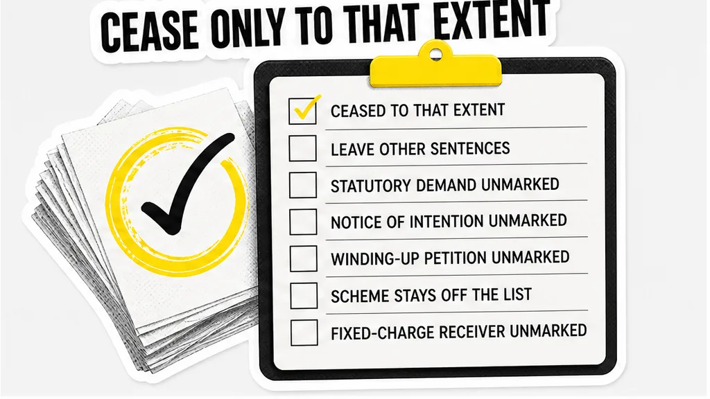A clause checklist in the cease-to-that-extent section, with the insolvency sentence marked and the lookalike rows left open.