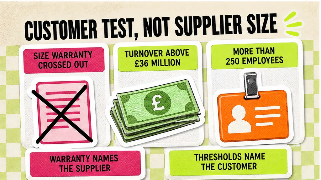 Comparison cards with the size warranty crossed out beside turnover above £36 million and more than 250 employees.