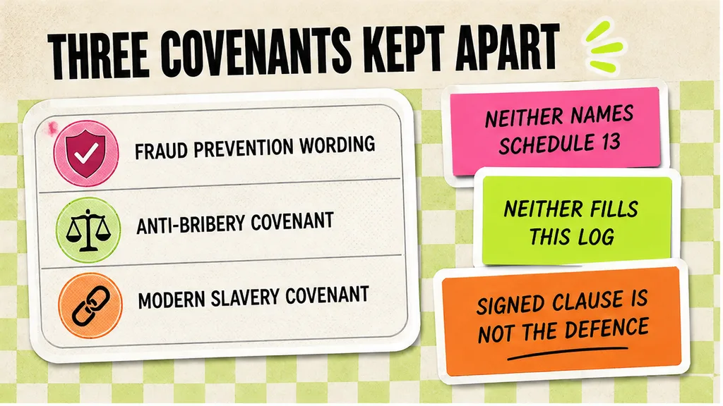 Three separate rows labelled fraud prevention, anti-bribery, and modern slavery on a compliance schedule.