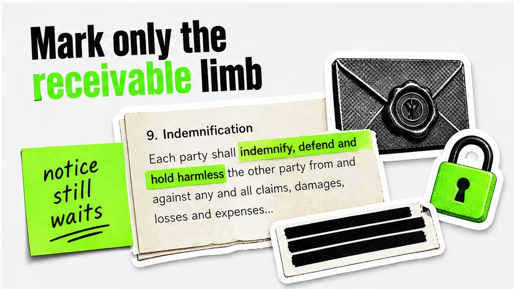 An indemnity clause with the words indemnify, defend and hold harmless highlighted, beside a note that notice still waits.