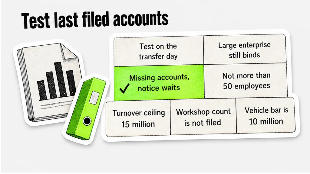 Supplier test on the transfer day against last filed accounts, with employee, turnover and vehicle ceilings.