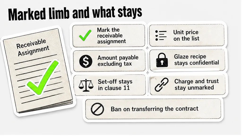 Checklist marking the receivable assignment and leaving the glaze recipe, set-off, charge and trust unmarked.