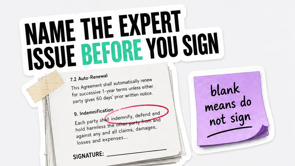 A clause stack with an indemnification line circled and a blank signature row, beside a note that a blank means do not sign.