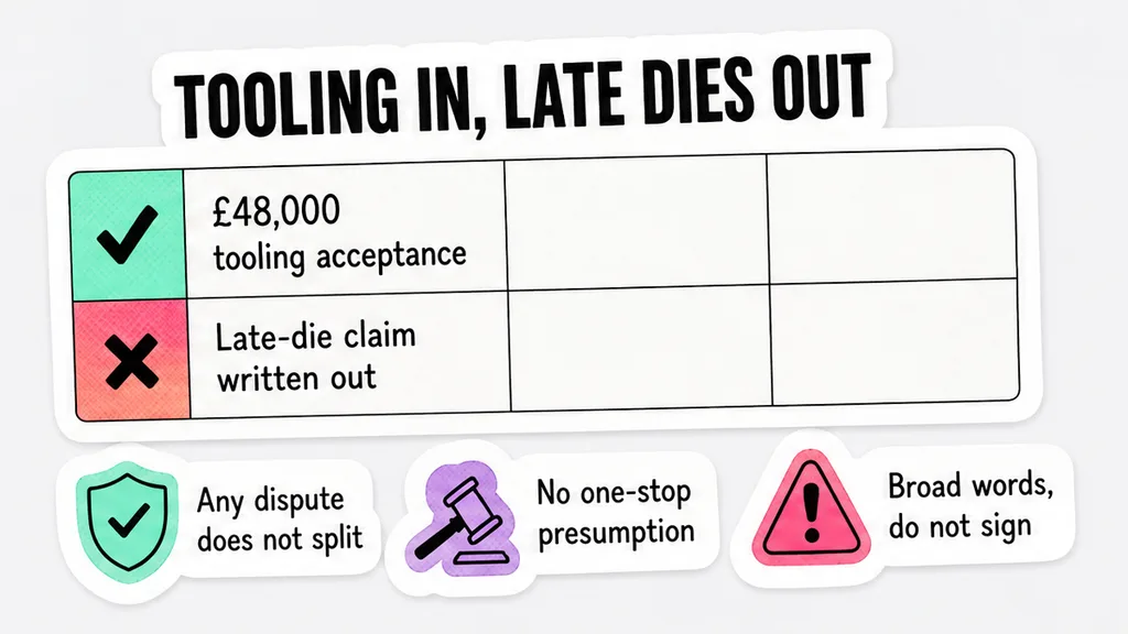 Tooling-acceptance line marked for the expert, late-die line written outside it.