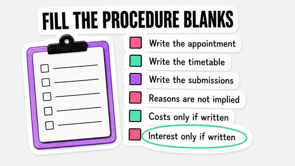 Six procedure lines on a clause card, with one blank still empty.