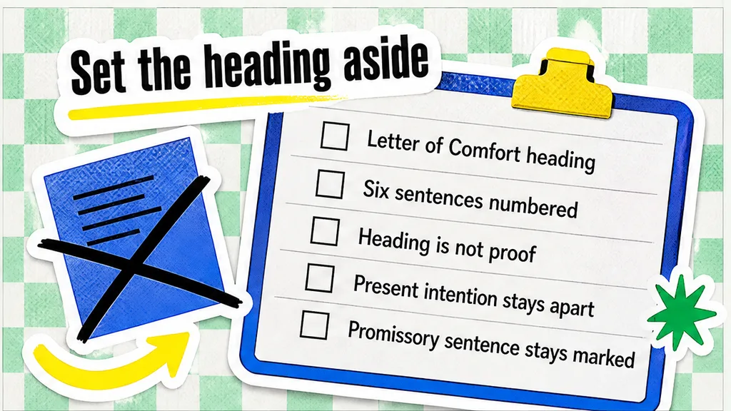 Clipboard lines for the Letter of Comfort heading, six numbered sentences, and the promissory sentence kept marked, in the section that treats the heading as separate from proof.