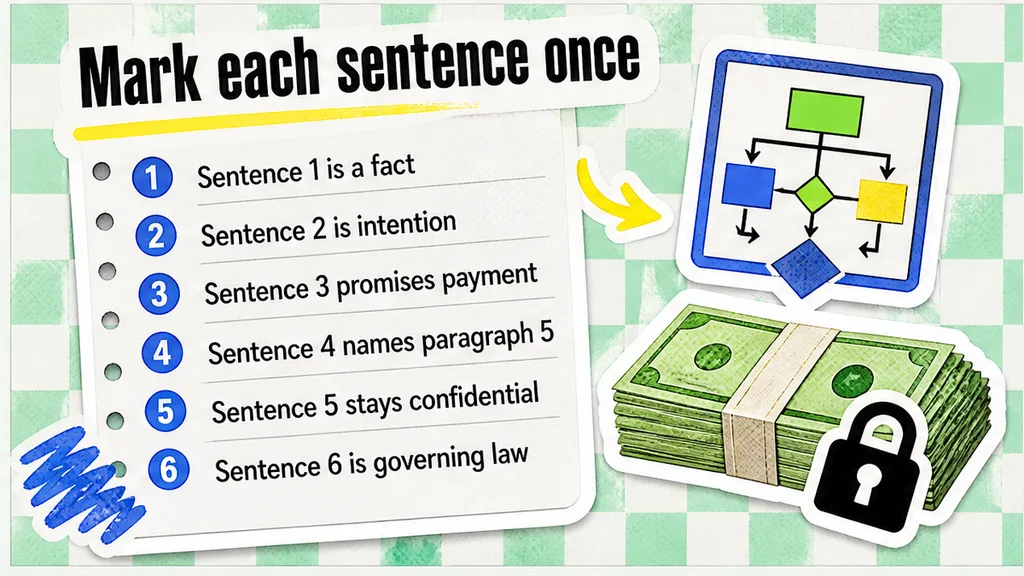 Six sentence rows marked once, from a present fact through governing law, in the section that keeps a present intention apart from a promise to pay.