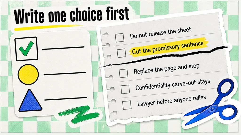 Lines for holding the sheet, cutting the promissory sentence, replacing the page, and keeping the confidentiality carve-out, in the section on the choice that has to be written first.