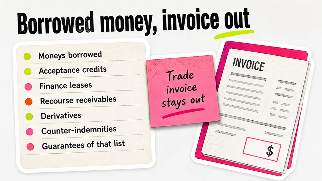 Closed list of moneys borrowed, with a supplier invoice left outside.